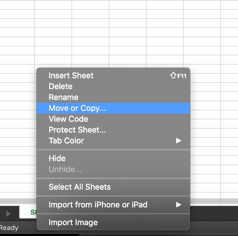 screenshot of an Excel spreadsheet dropdown menu with “Move or Copy…” option selected