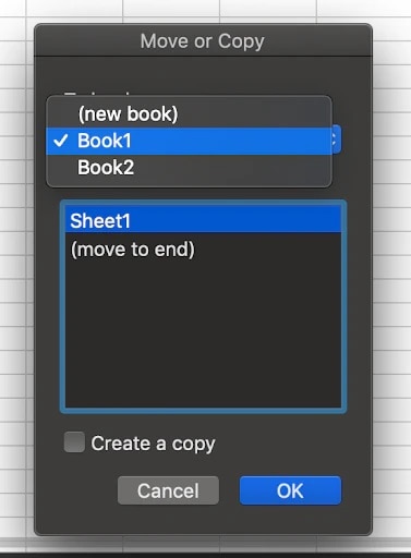 screenshot of an Excel spreadsheet dropdown menu with “Book1…” option selected