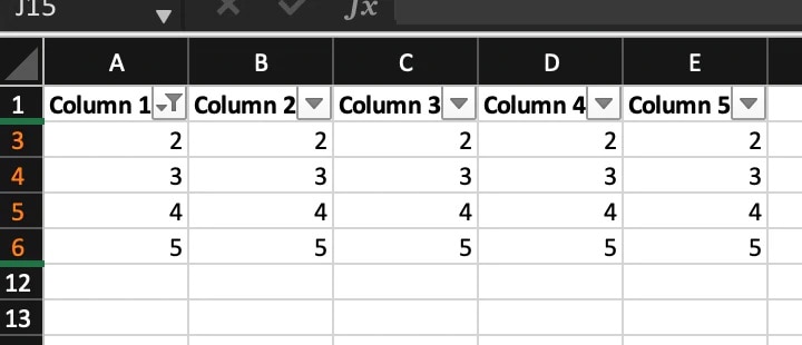 screenshot of an Excel spreadsheet showing five columns and five rows, showing how to “hide” certain cells on Excel