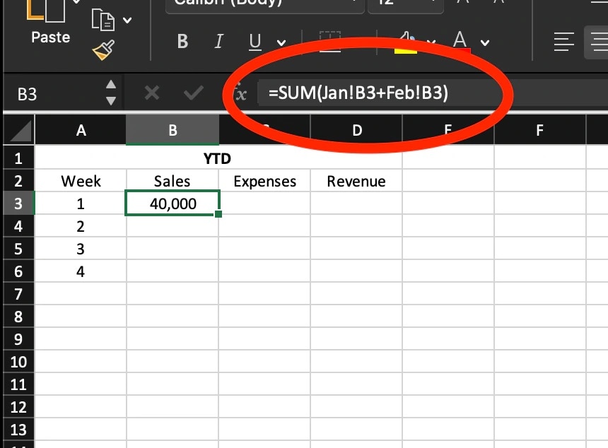 screenshot of an Excel spreadsheet entitled “YTD” and showing four columns and five rows. Part of an instructional on copying data, with the figure 40,000 entered underneath Week 1 under Sales.