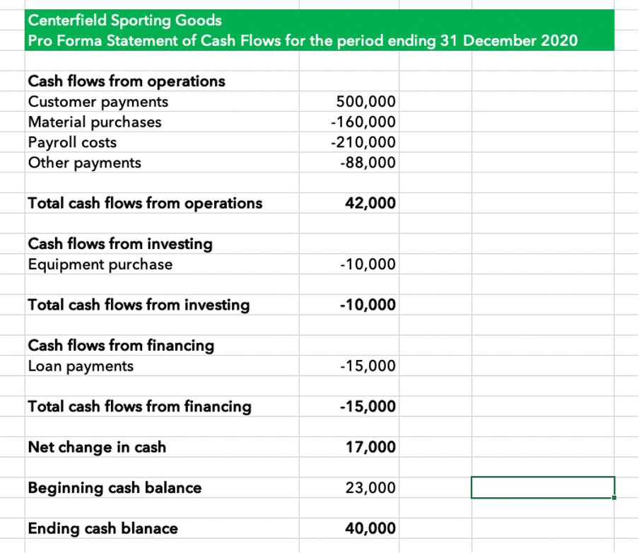 Pro forma financial statement: Cash flow.