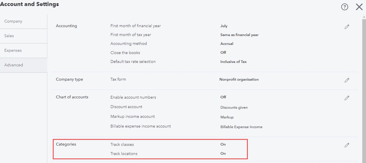 QuickBooks screenshot demonstrating how to enable Classes and Locations feature