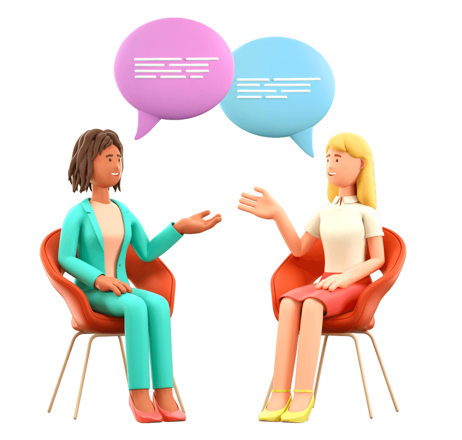 Illustration of a customer consulting with a QuickBooks expert with speech bubbles