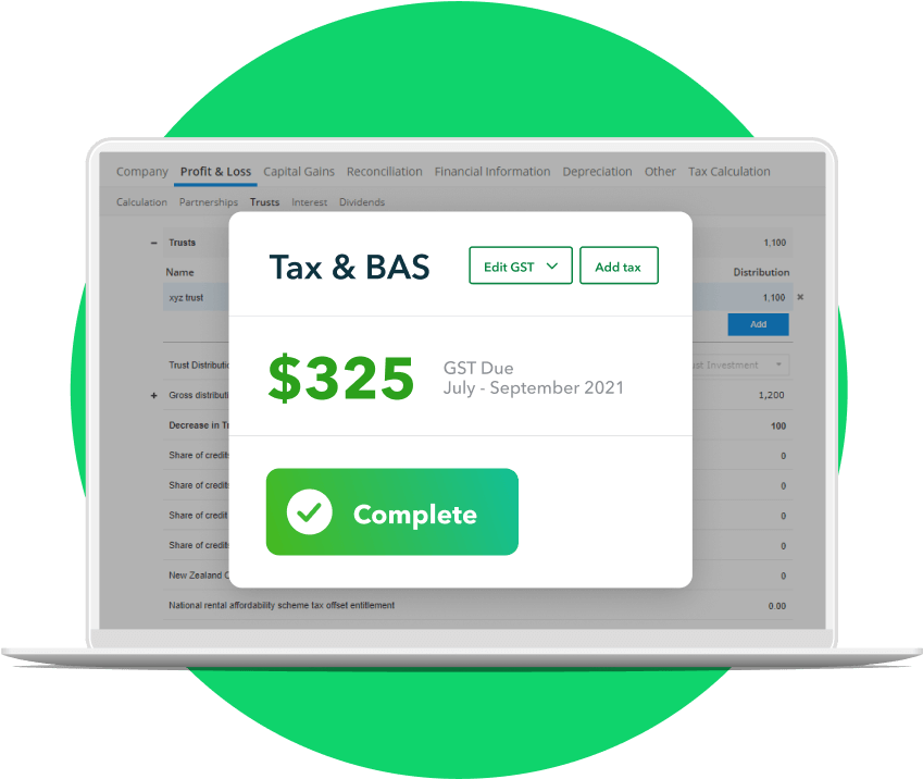 QuickBooks Tax and Bas preview on a laptop screen