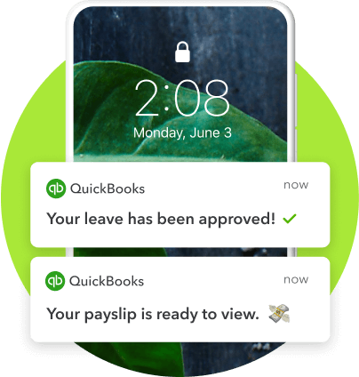 Preview of employee self-service app notifications from QuickBooks payroll software on a mobile phone