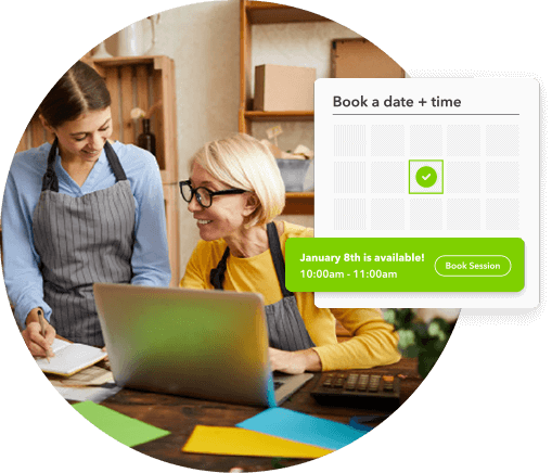 A small business owner scheduling a free onboarding session with a QuickBooks Payroll expert using calendar booking