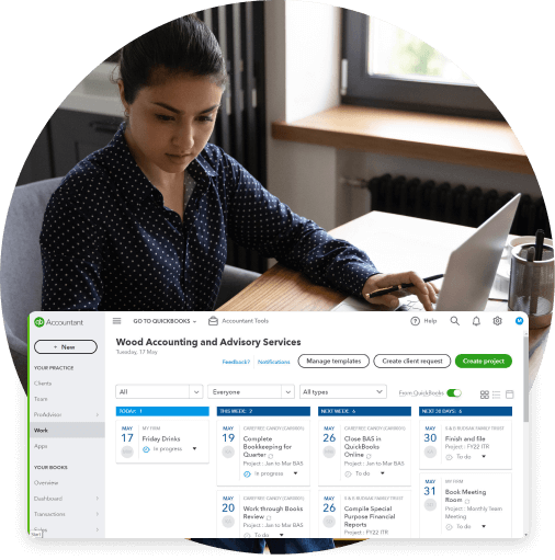 Accountant using QuickBooks suite to review firm's clients, with an overlay of the dashboard preview