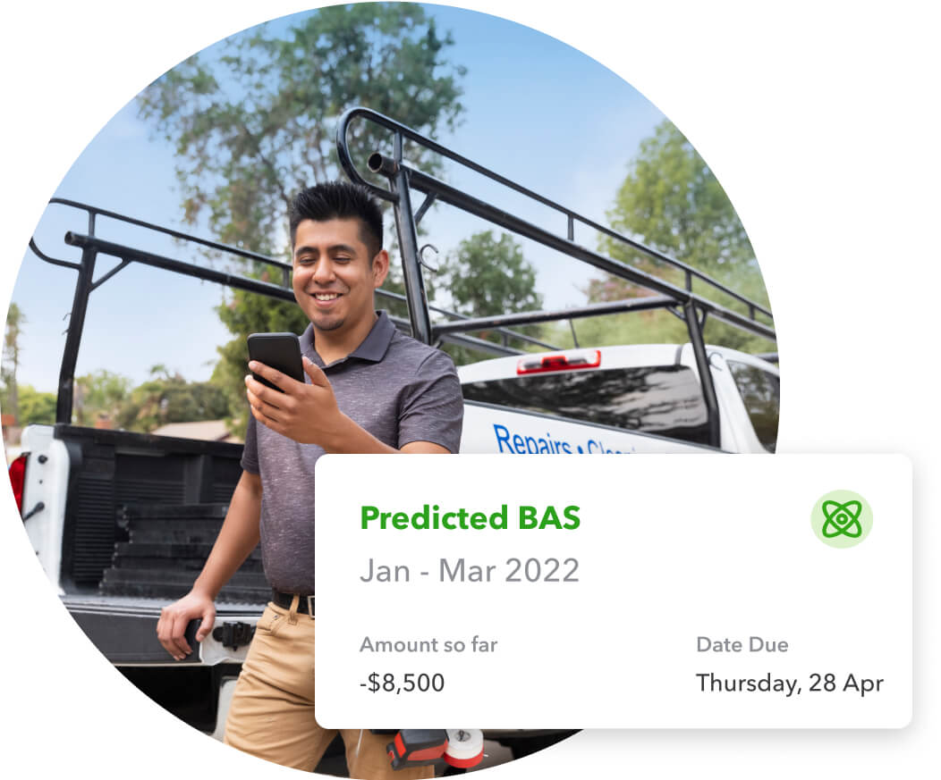 Tradesman smiles at QuickBooks Cash Flow forecast, predicting GST tax liabilities & BAS preview widget