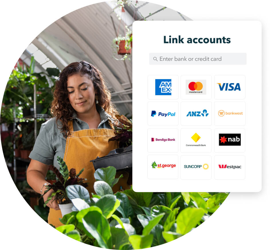 Small business owner tending to plants, with a preview of a widget showing payment platforms that can be linked on QuickBooks