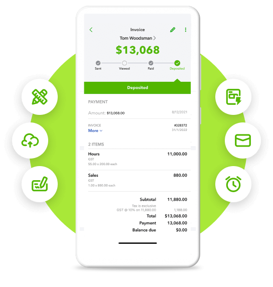 QuickBooks Mobile companion app displaying invoice dashboard including features to send, track invoices, and manage expenses