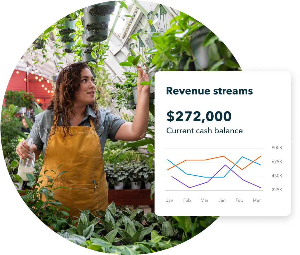 Small business owner tending plants after viewing revenue stream report on QuickBooks
