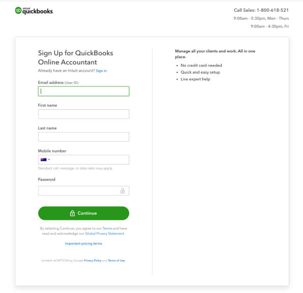  signing up to QuickBooks Online Accountant