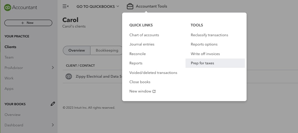 Prep for Taxes in QuickBooks Online Accountant menu