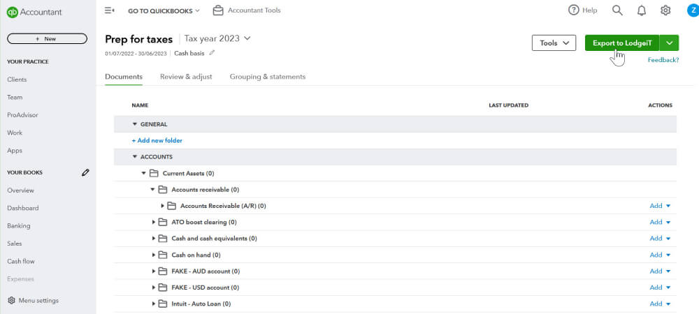 export button in QuickBooks Online Accountant 