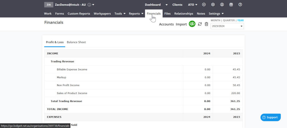 Financials in QuickBooks Tax powered by LodgeiT  