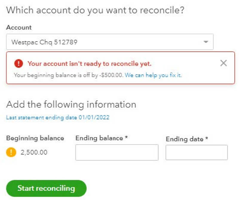 error message in reconciliation in QuickBooks Online