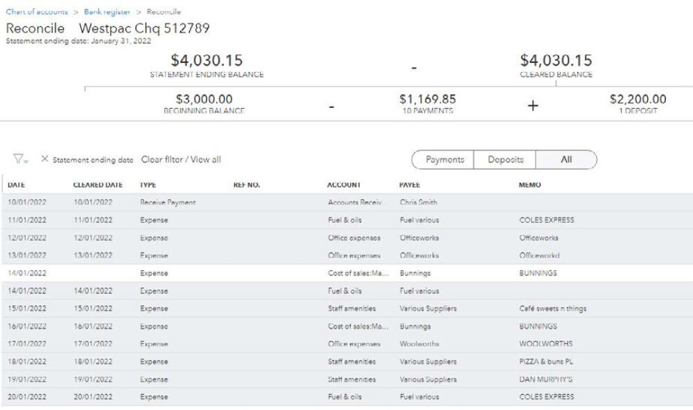 transactions and reconciliation difference in QuickBooks Online