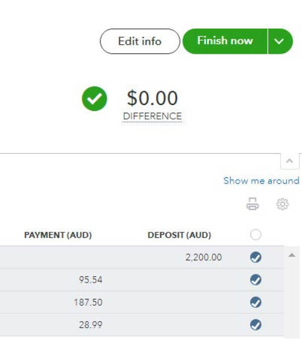 finish now in reconciliation in QuickBooks Online