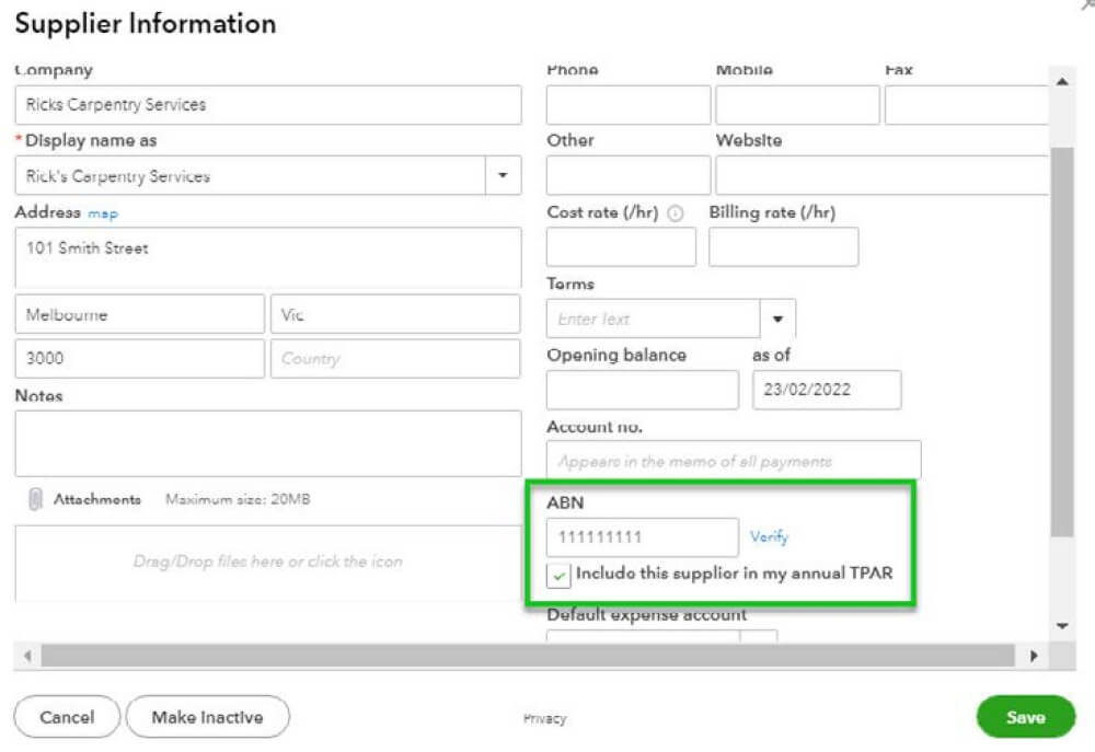 supplier ABN check box to include supplier in my annual TPAR