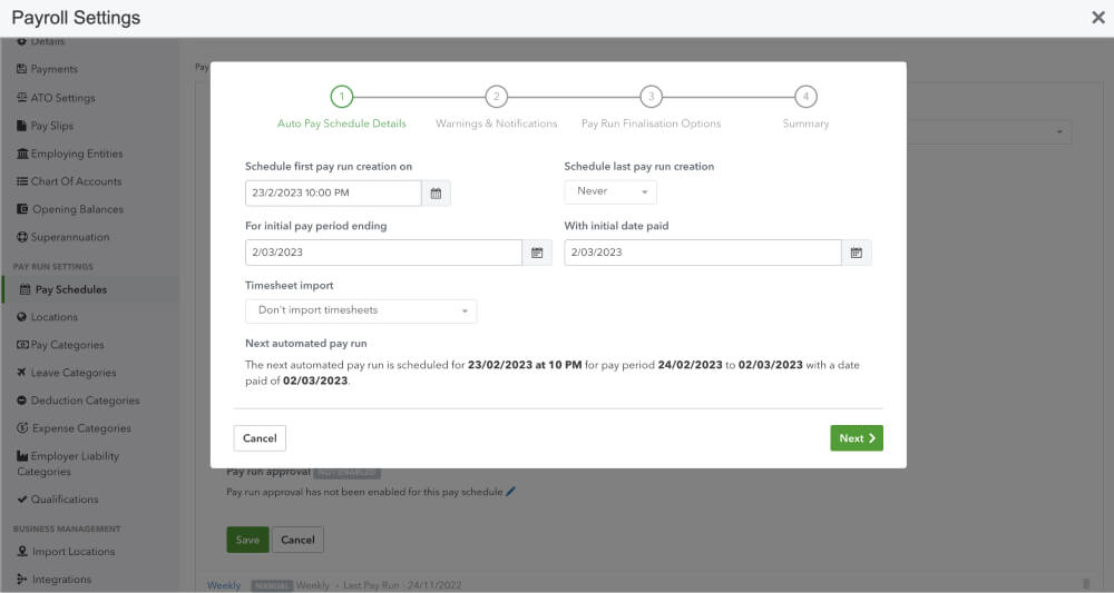 An image showing a pop up containing frequency options for the pay run schedule.