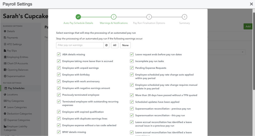 An image showing different warnings and notifications which can be set to stop a payrun.