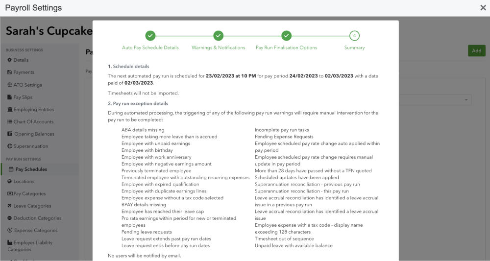 An image showing the final stage of automated payroll wizard.