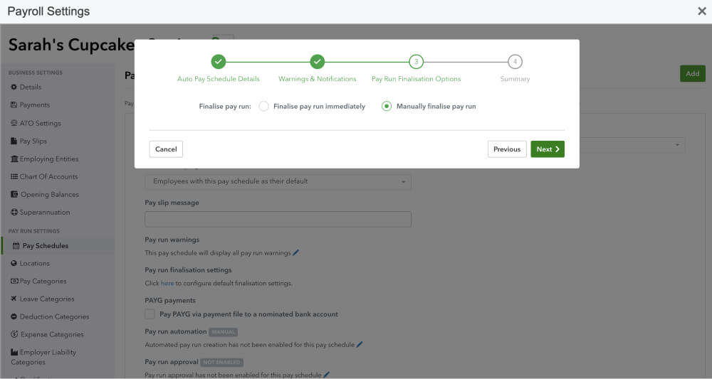 An image showing the final review stage of the automated payroll wizard. 