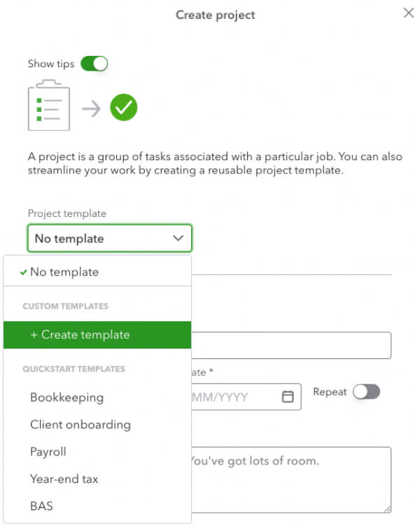 creating a project template in QuickBooks Online Accountant