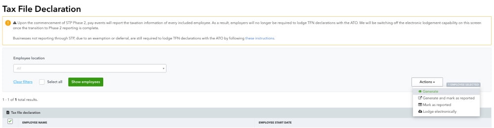 An Image showing the tax file declaration report.