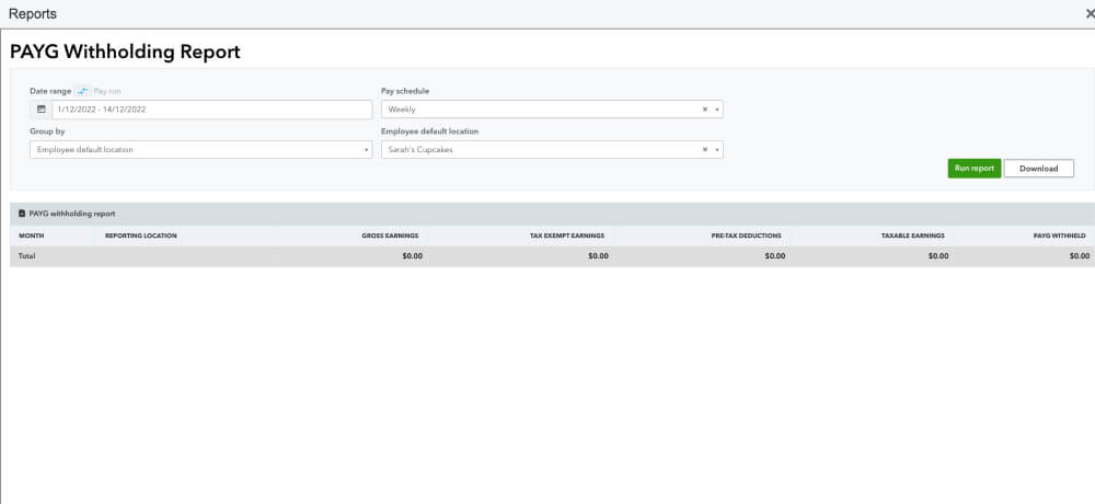 An Image showing the PAYG Withholding report.