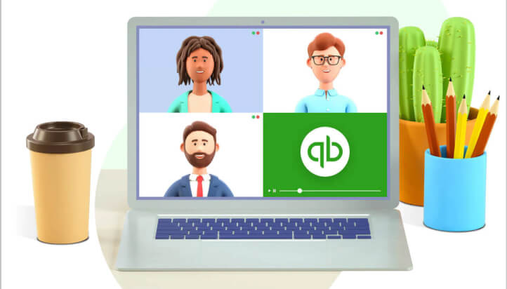 Illustration of a laptop screen showing a group meeting watching a QuickBooks Online tutorial