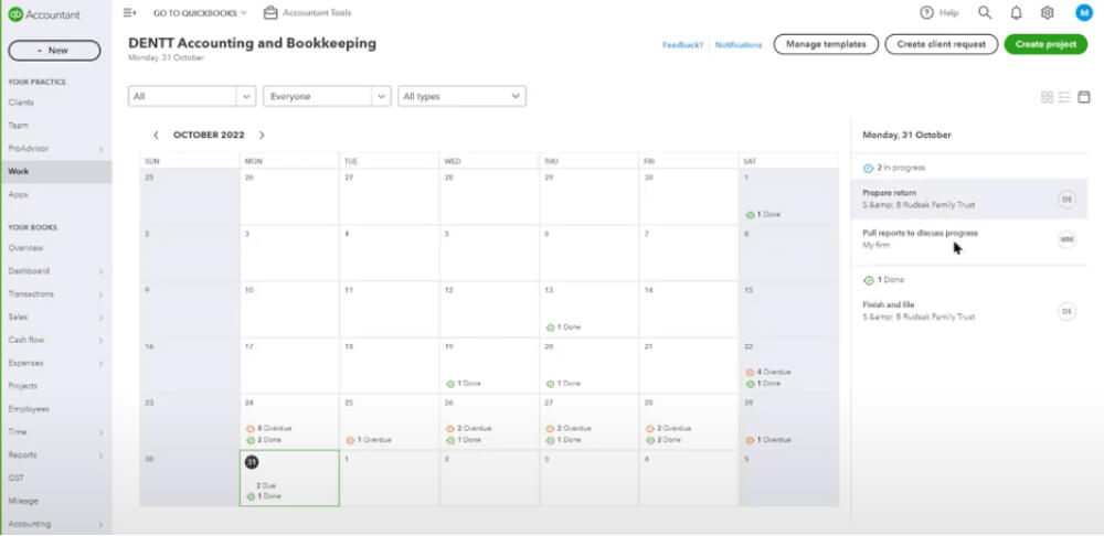 calendar in the Work tab in QuickBooks Online Accountant