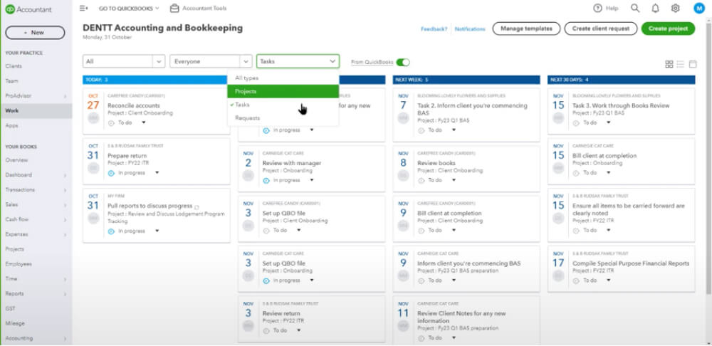 filters in the Work dashboard QuickBooks Online Accountant