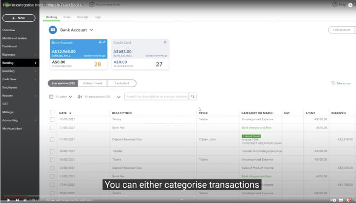 Preview showcasing how to review and categorise bank and credit card transactions in QuickBooks Online