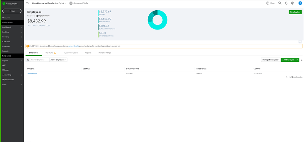 An  the payroll dashboard showing a blue chart and menu column to the left of the screen.