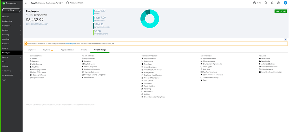 An Image showing the payroll setting's page with 5 columns of options.