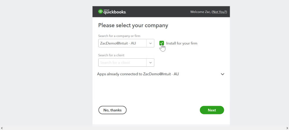  selecting your firm to connect from QuickBooks Online Accountant to LodgeiT