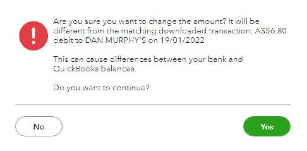 Screenshot of warning message for Transaction Changes in QuickBooks Online