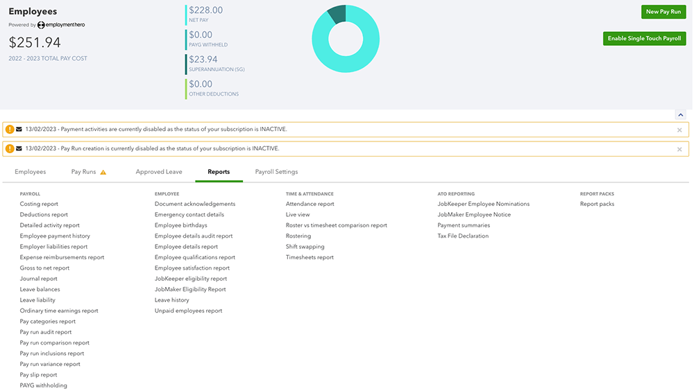 An image showing the report section of the payroll dashboard.