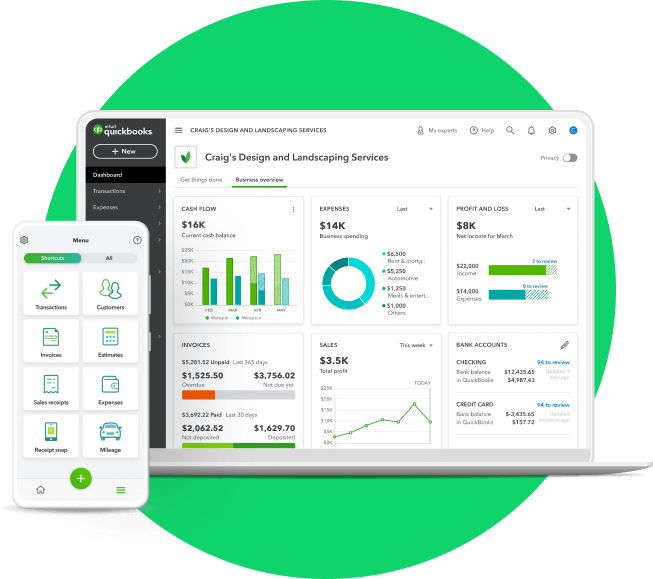Preview of QuickBooks accounting software dashboard on a laptop and smartphone, prompting sign-up for importing business data