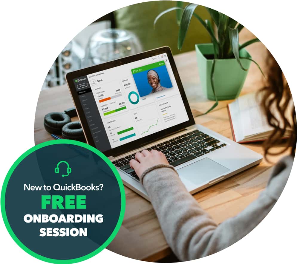 Small business owner viewing QuickBooks on a laptop, engaged in a free onboarding session with an expert