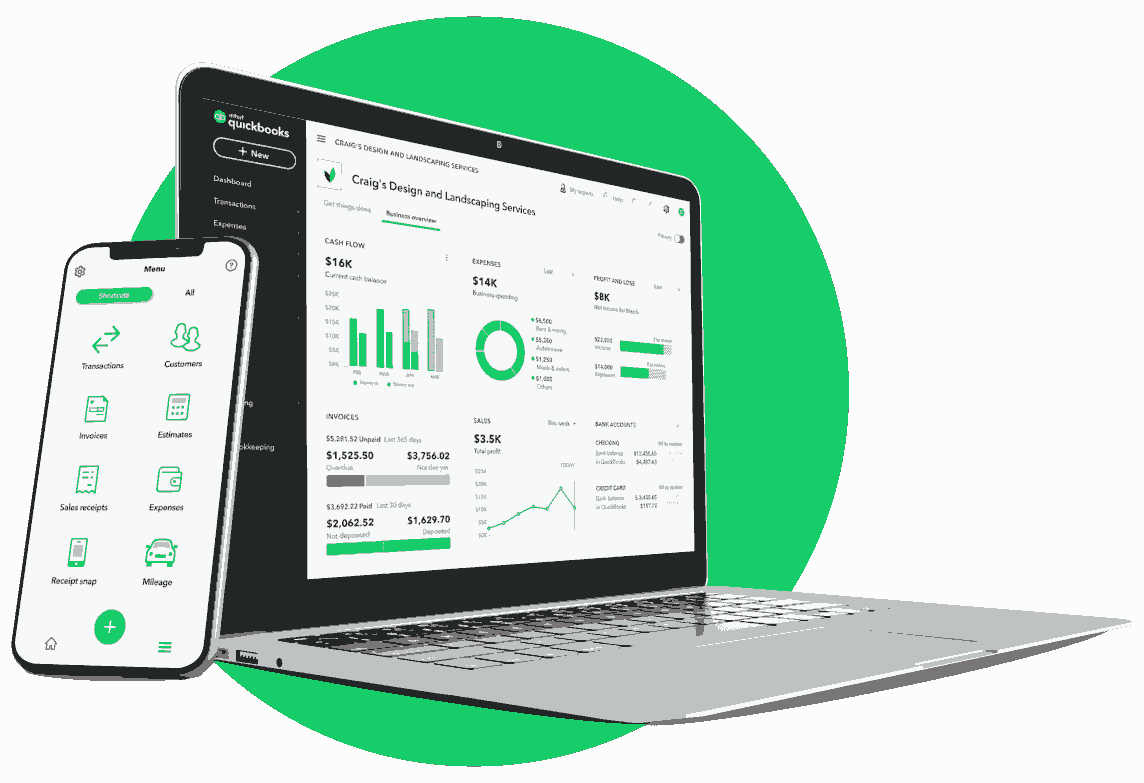 QuickBooks accounting software dashboard preview on a laptop and smartphone