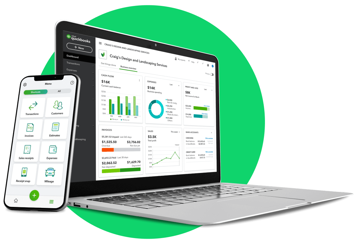 QuickBooks accounting software dashboard preview on a laptop and smartphone
