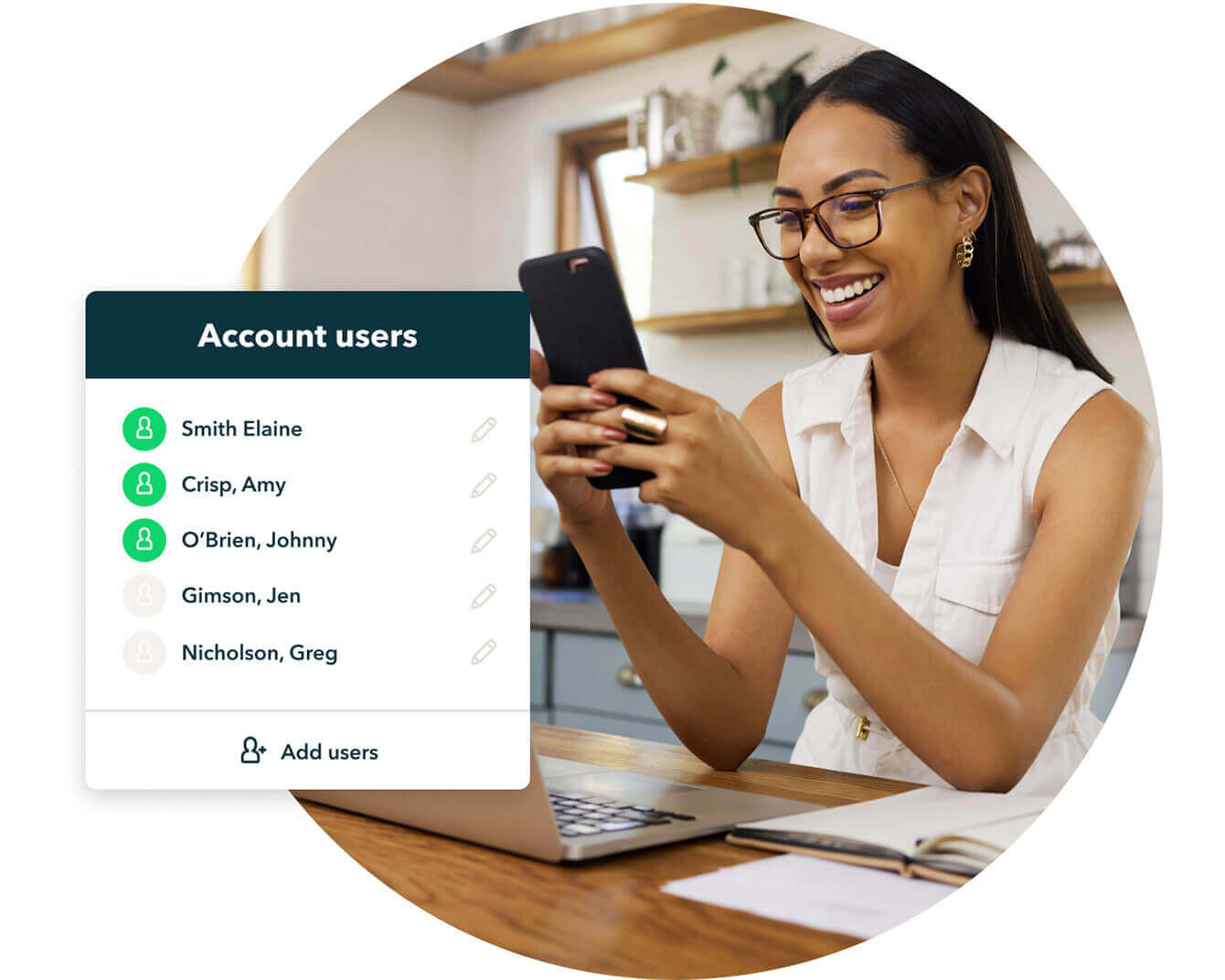 Smiling woman looking at mobile phone with a preview of QuickBooks Online Advanced feature for adding account users