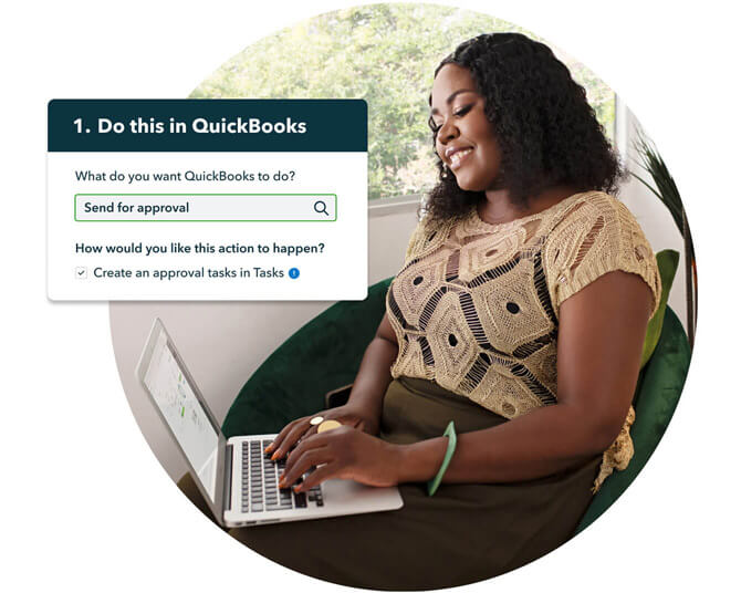 A businesswoman utilising QuickBooks Online Advanced on a laptop to Customise and automate workflows for their team