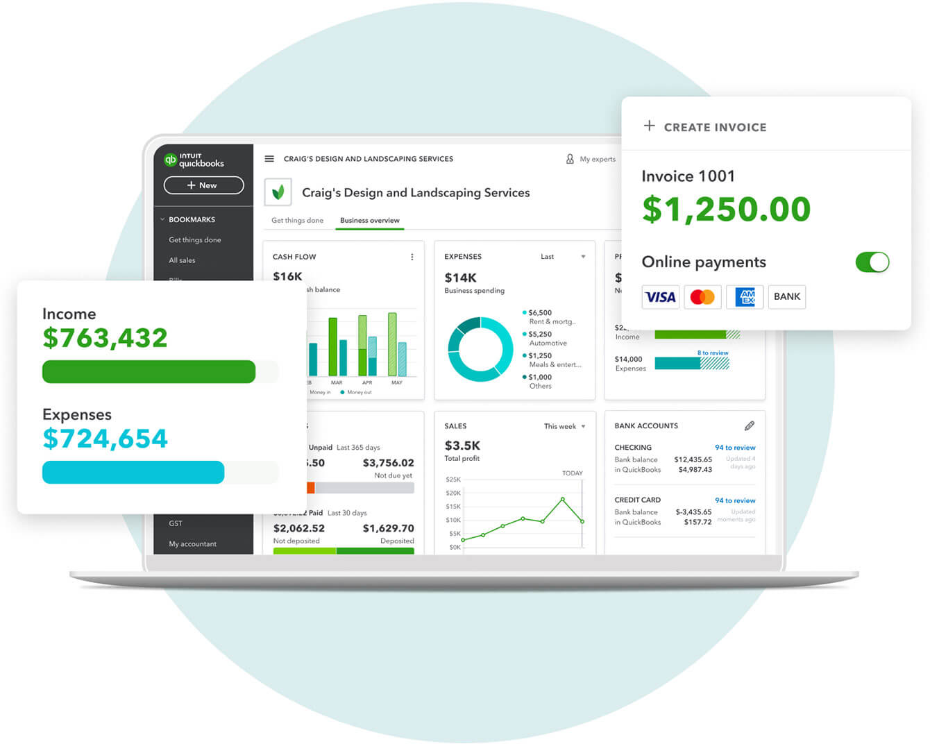 Preview on a laptop of revenue and cash flow in the QuickBooks Online Advanced Performance Centre