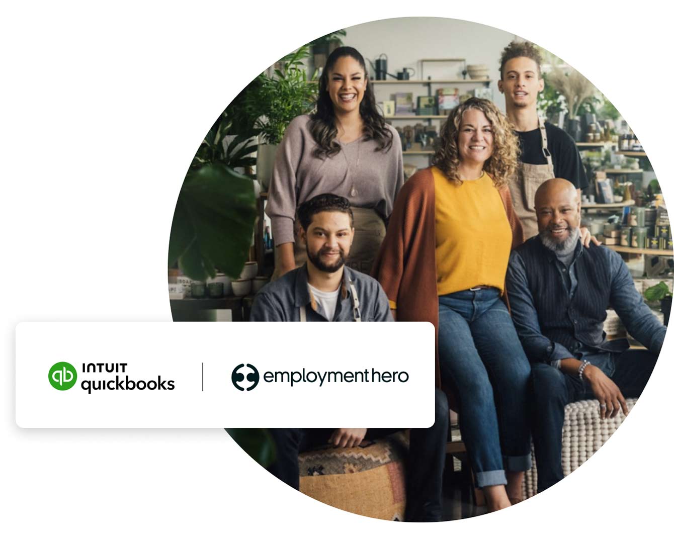 A group of workers sat together with preview of QuickBooks and Employment Hero logos displayed