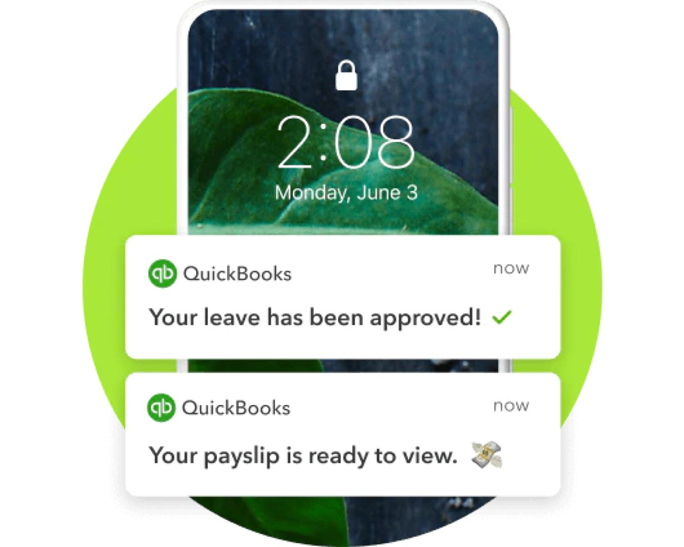 A smartphone lock screen displaying notifications from QuickBooks Payroll software