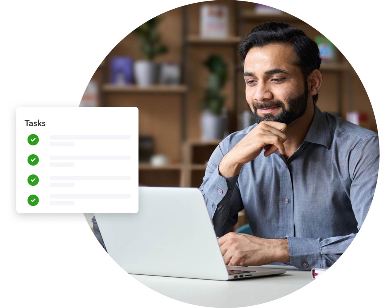 A person seated at a table with a laptop, featuring a QuickBooks widget displaying a completed task list