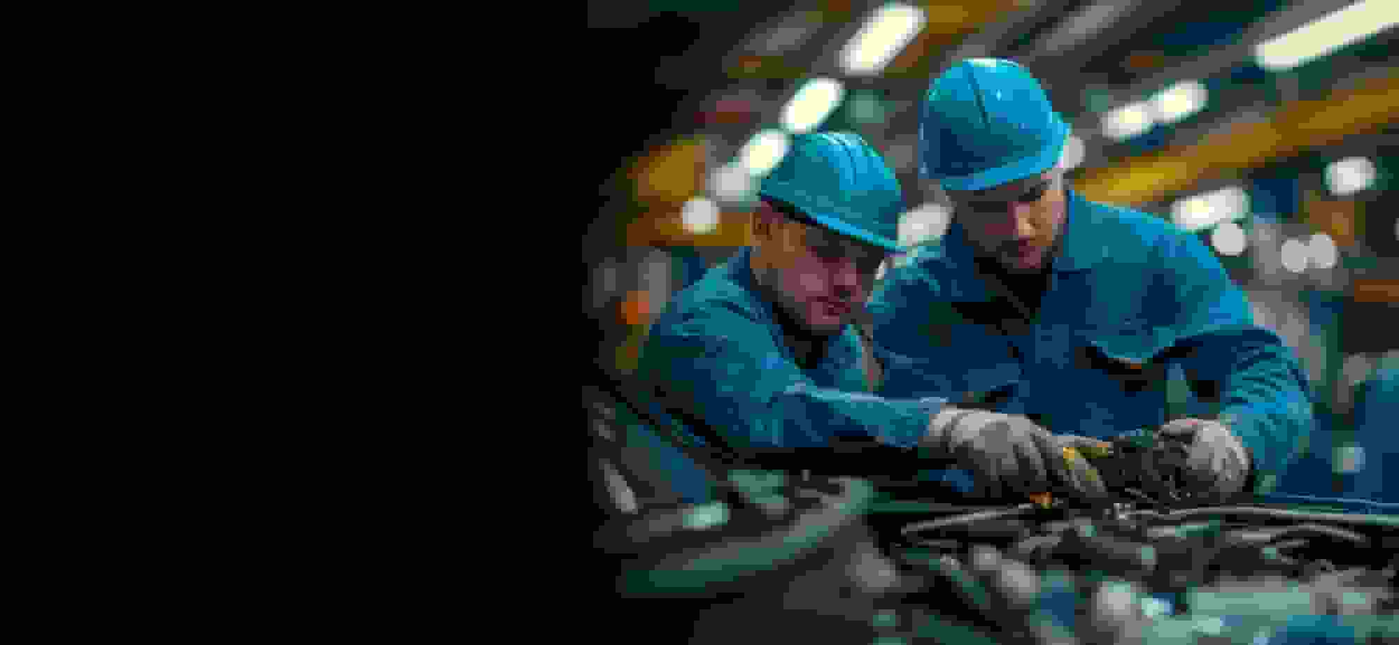 Two people working on a car in a factory.